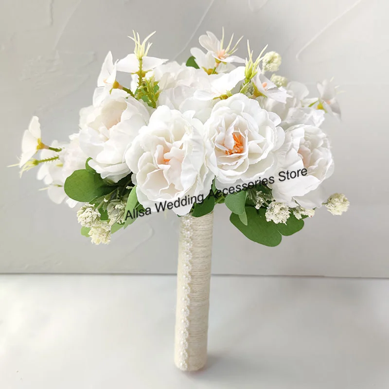 White Bride Wedding Bouquet for Bridesmaid Flowers Peonies Artificial Bridal Boutonniere Corsage Lapel Pins Marriage Accessories