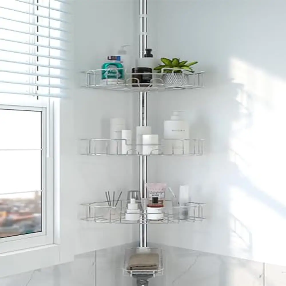 

Adjustable Shower Caddy Corner Tension Pole Stainless Steel Organizer Stand Bath Storage Rack with 4 Tier Baskets and Hooks