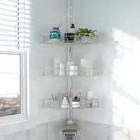 Adjustable Shower Caddy Corner Tension Pole Stainless Steel Organizer Stand Bath Storage Rack with 4 Tier Baskets and Hooks 1