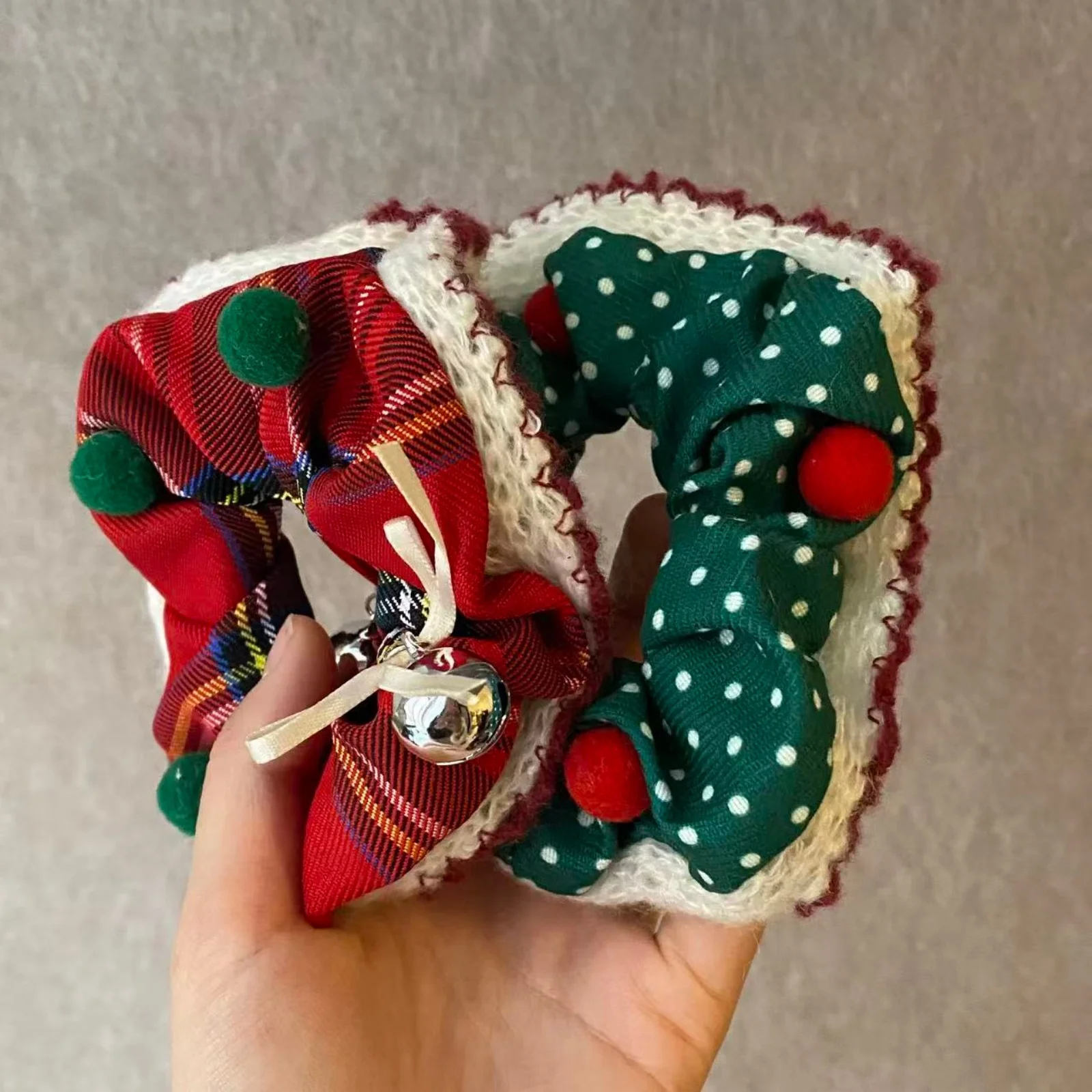 1PC Christmas Plaid Polka Dot Scrunchies | Festive Hair Ties with Bells & Pom Poms, Lace-Trimmed Hair Accessories for Women