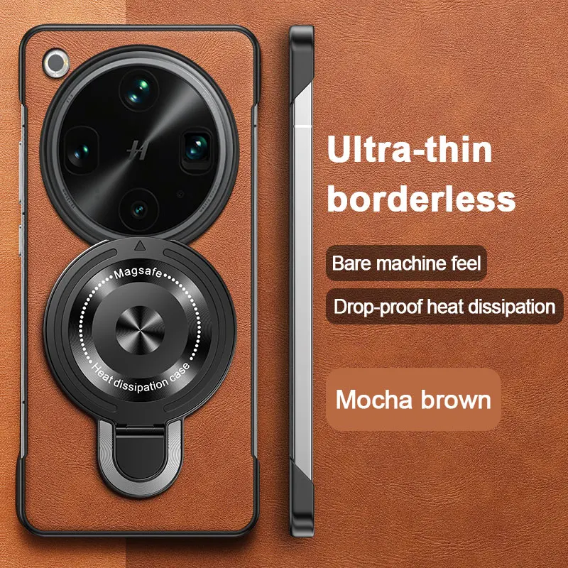 Magnetic Wireless Charging Shockproof Leather Case with Holder - Frameless Hard Shell