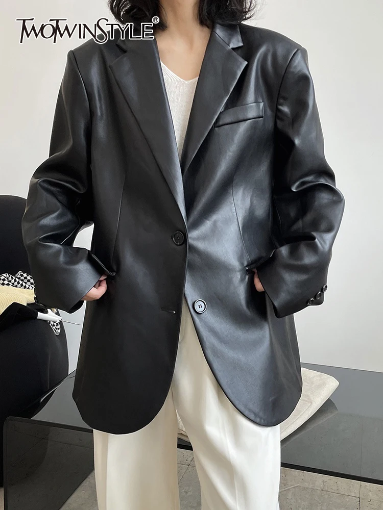 

TWOTWINSTYLE Solid Patchwork Pocket Leather Blazer For Women Notched Collar Long Sleeve Spliced Button Casual Blazers Female New
