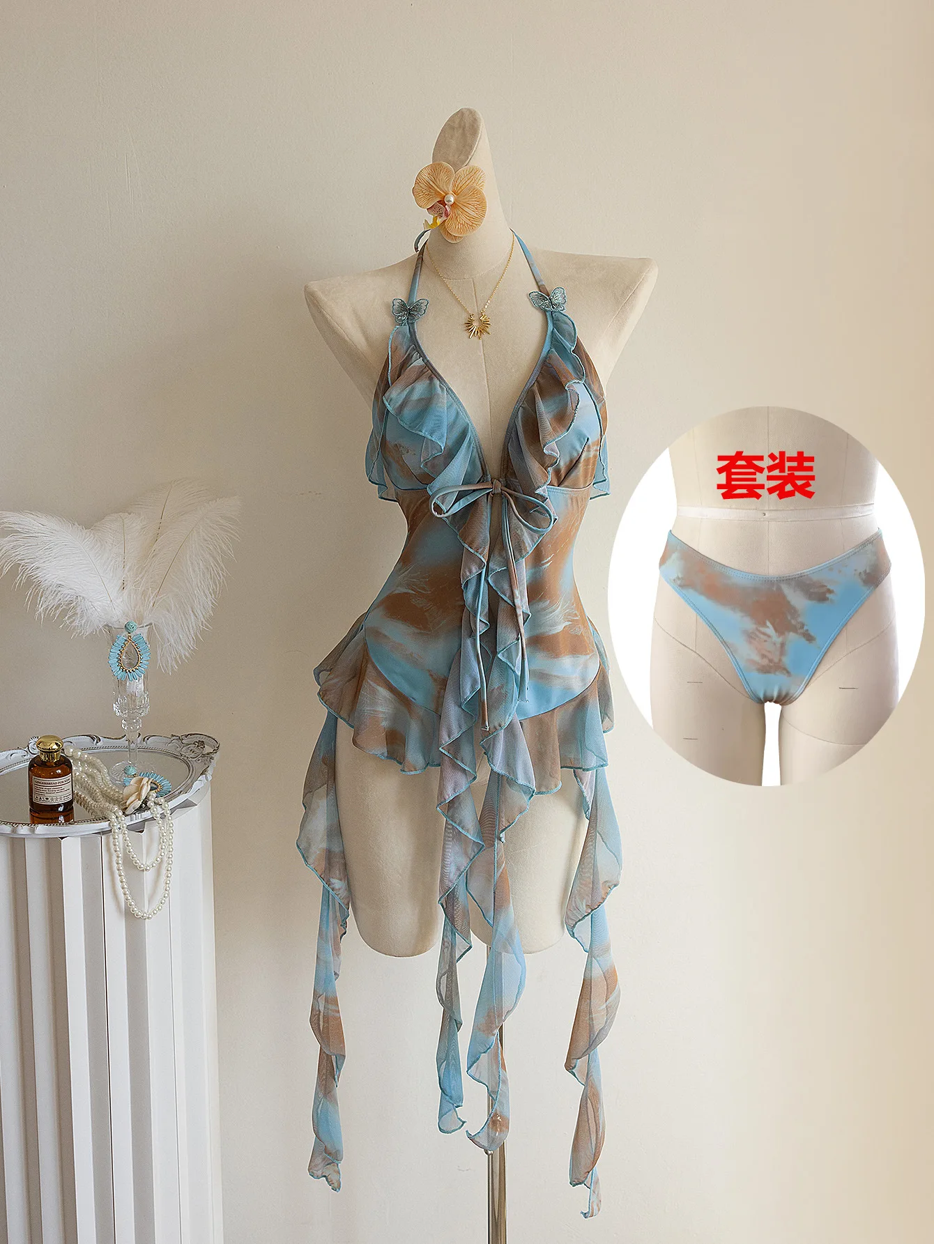 Sexy Blue Tie Dye Gradient Bikini Set 2026 Women Ruffle Push Up Crop Top High Waist Swimsuit Beach Bathing Suit 2 Piece Swimwear