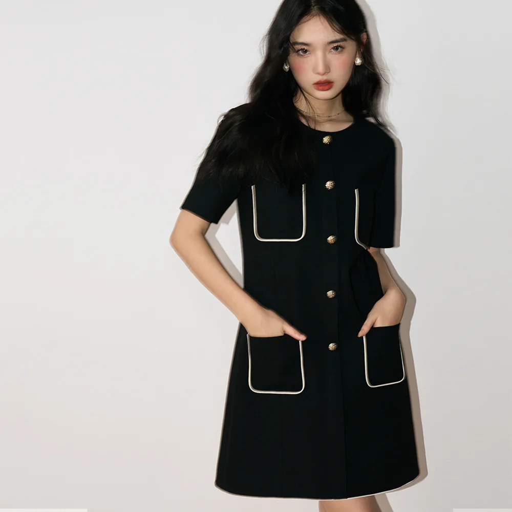 

24ss Women's Vintage Commuter Peplum Dress Ladies Round Neck Short Sleeve Color Collision Premium Waist Slim Dresses Y2k Dress