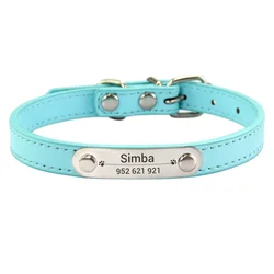 Customized Pink PU Leather Pet ID Collar - Personalized Anti-Lost Dog & Cat Collar - S (27-32cm) (Light Blue)