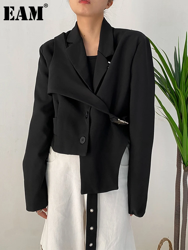 

[EAM] Women Black Irregular Ribbon Short Big Size Blazer New Lapel Long Sleeve Jacket Fashion Tide Spring Autumn 2024 1DF0335