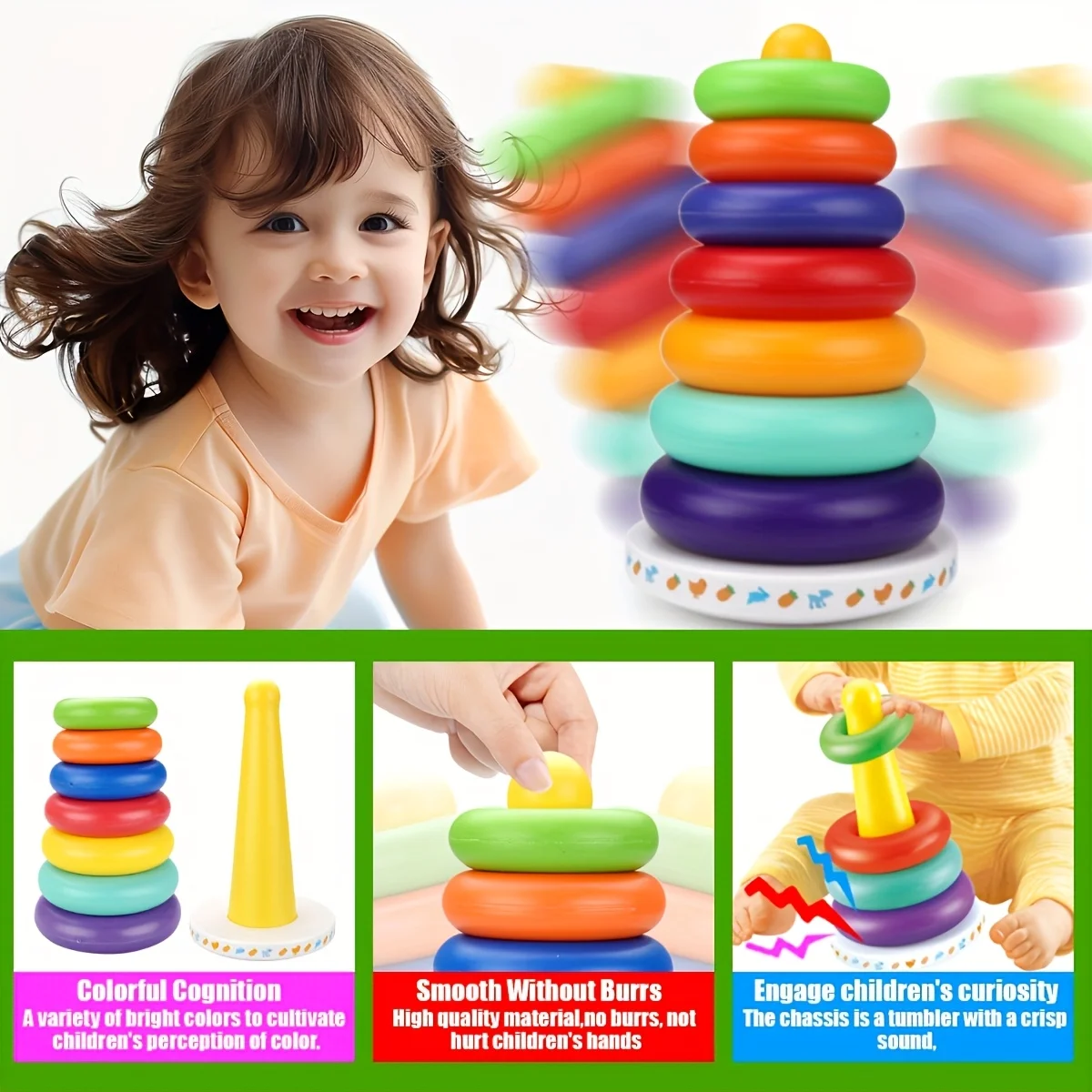 Rainbow Stacking Musical Toy with 6 Color Cards & STEM Blocks-Sensory Learning for Toddlers 1-3 Years, Birthday Gift Toy