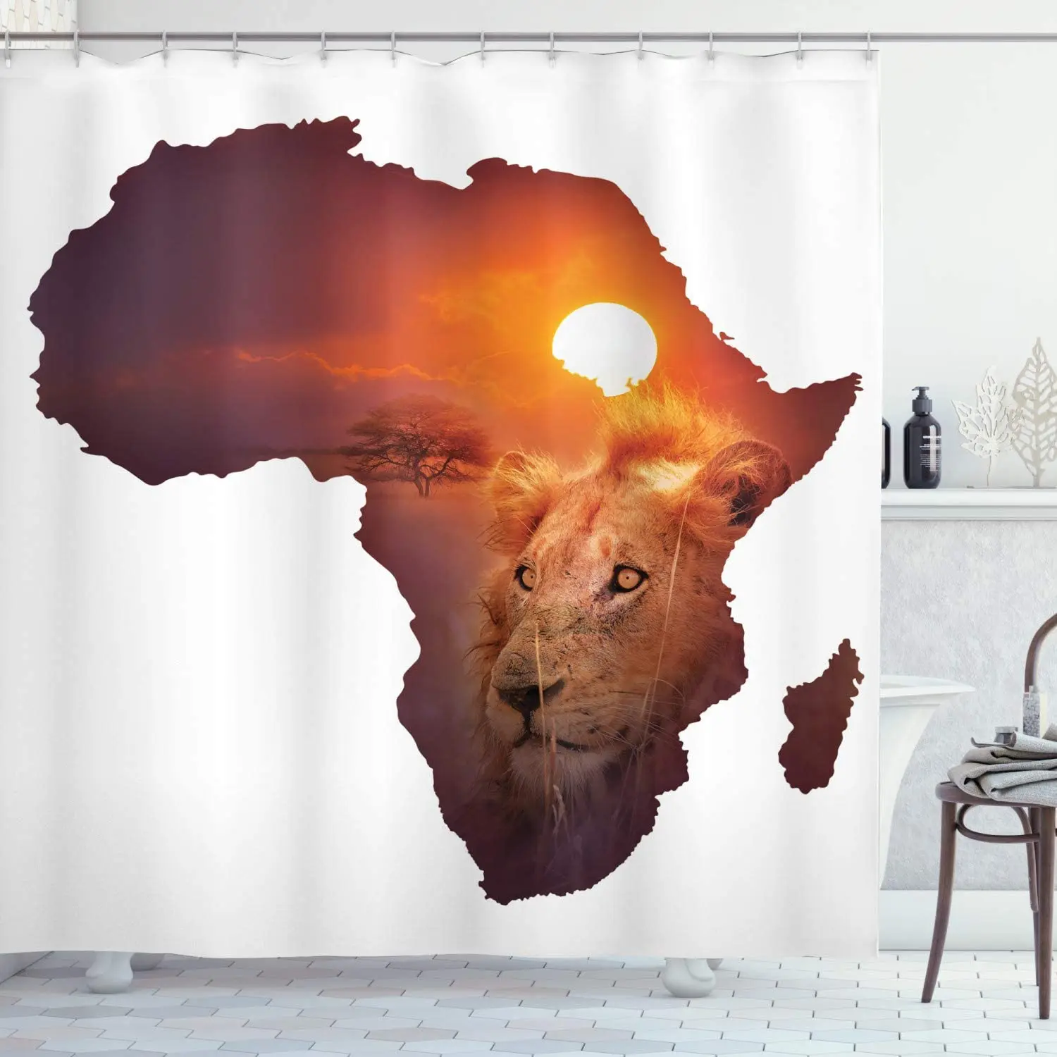 

Safari Shower Curtain, African Art Wildlife Lion Sunset Continent Africa Map Double Exposure Print, Cloth Fabric Bathr