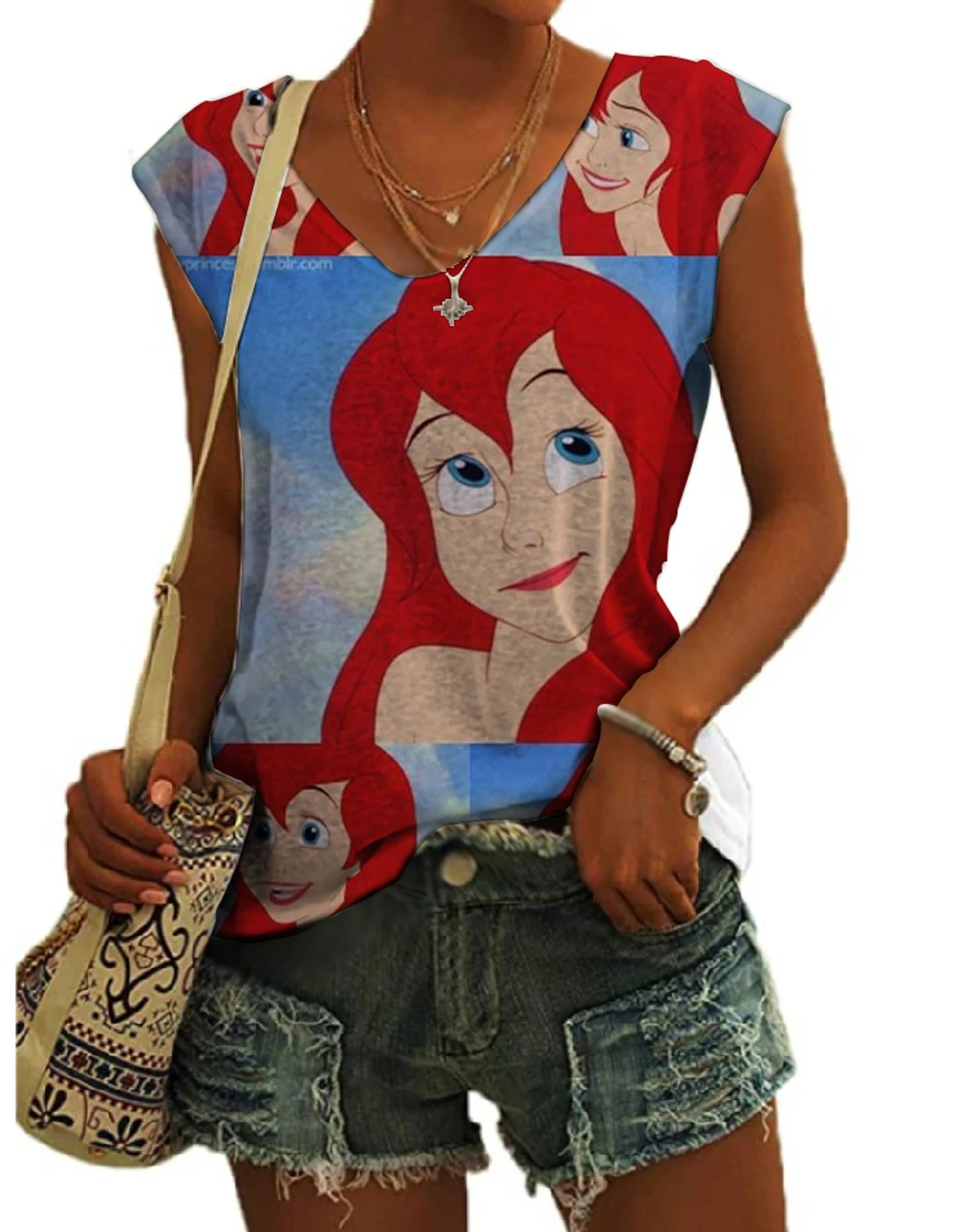 

2023 Ariel Mermaid Anime Disney Print Summer New Street Sleeveless Vest Fashion Versatile Casual Ladies Slim V-Neck Vest Y2K