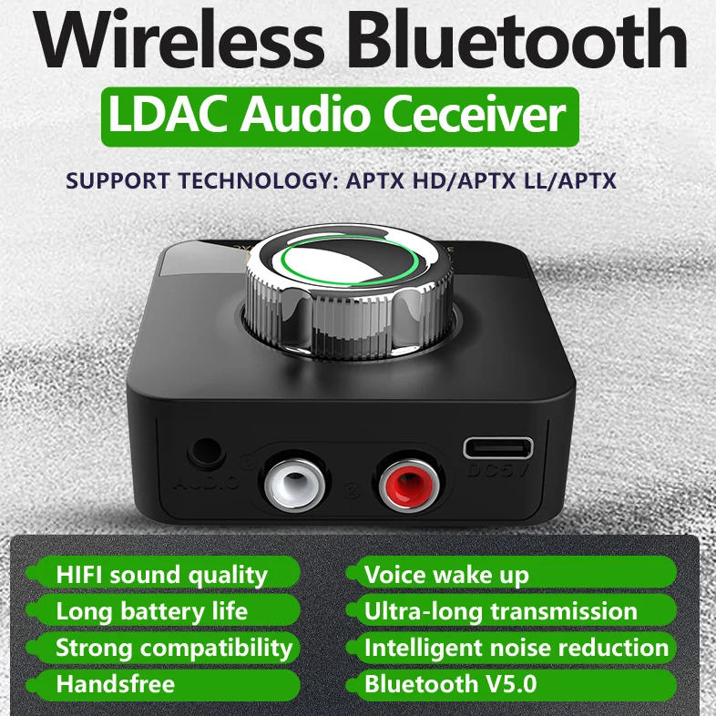 Bluetooth 5.0 Audio Receiver with 3D  Sound & APTX/APTX LL/APTX HD/LDAC/AAC/SBC, Wireless Audio Adapter with 3.5mm AUX/RCA