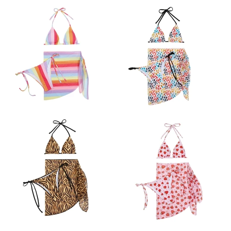 

3 шт., Женские Треугольные бикини, купальный костюм с юбкой с запахом, бикини с лямкой на шее, топ и низ, пляжные купальные костюмы