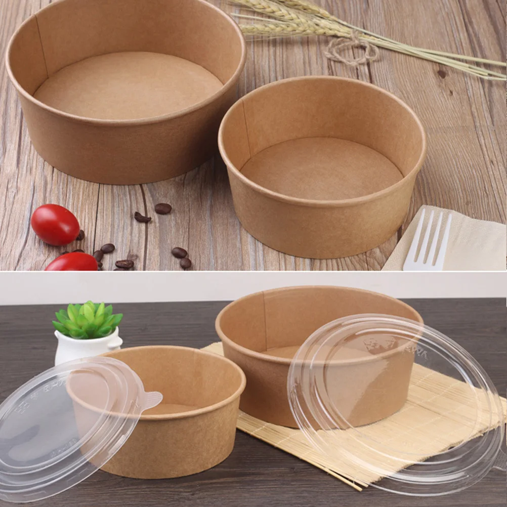20pcs Disposable Kraft Paper Bowls With Lid Fruit Salad Bowl Food Packaging Containers Take Out Paper Food Bowl 16/20OZ