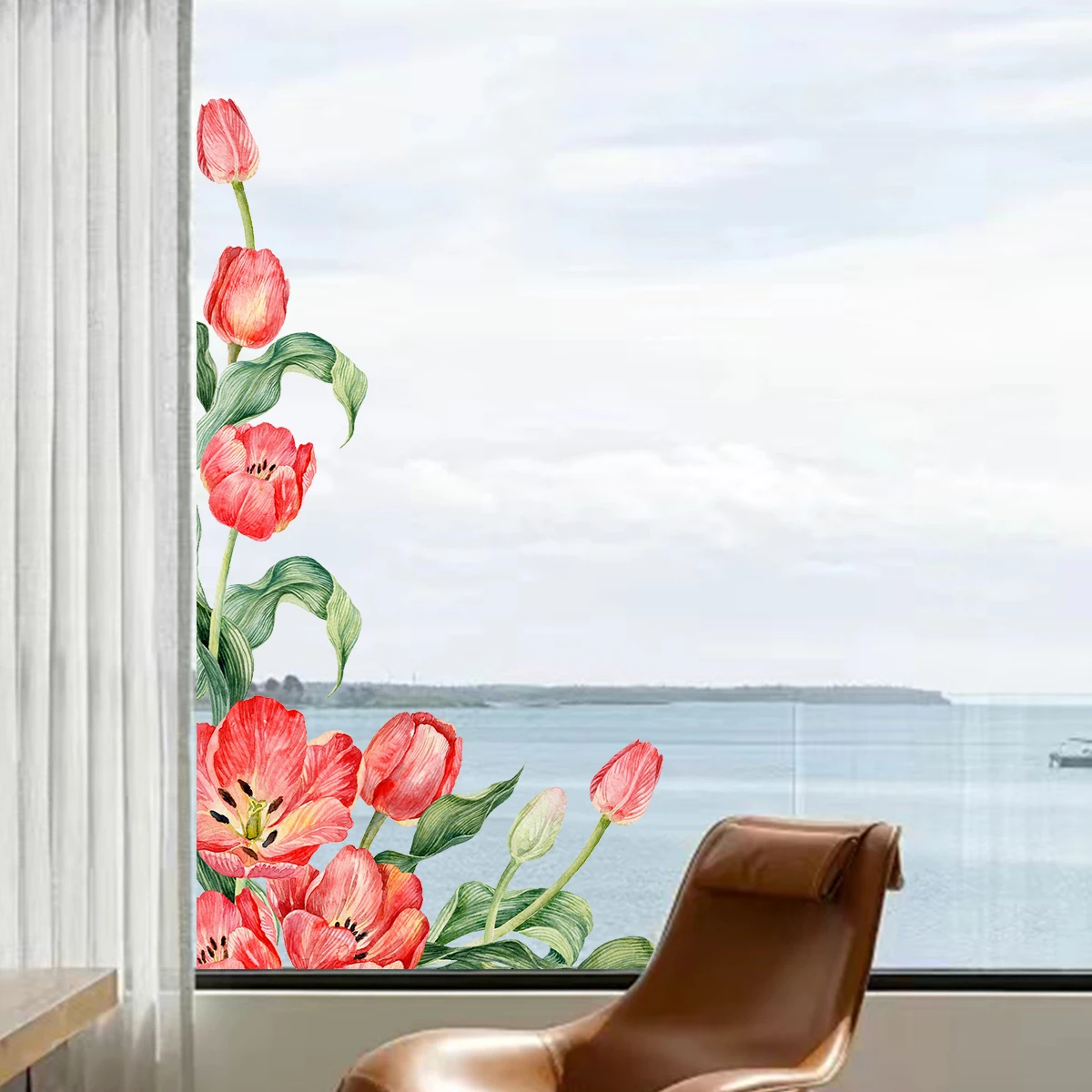 Watercolor Beautiful Flowers Plant Art Window Stickers Removable for Bedroom Living Room Window Decoration Wall Decals