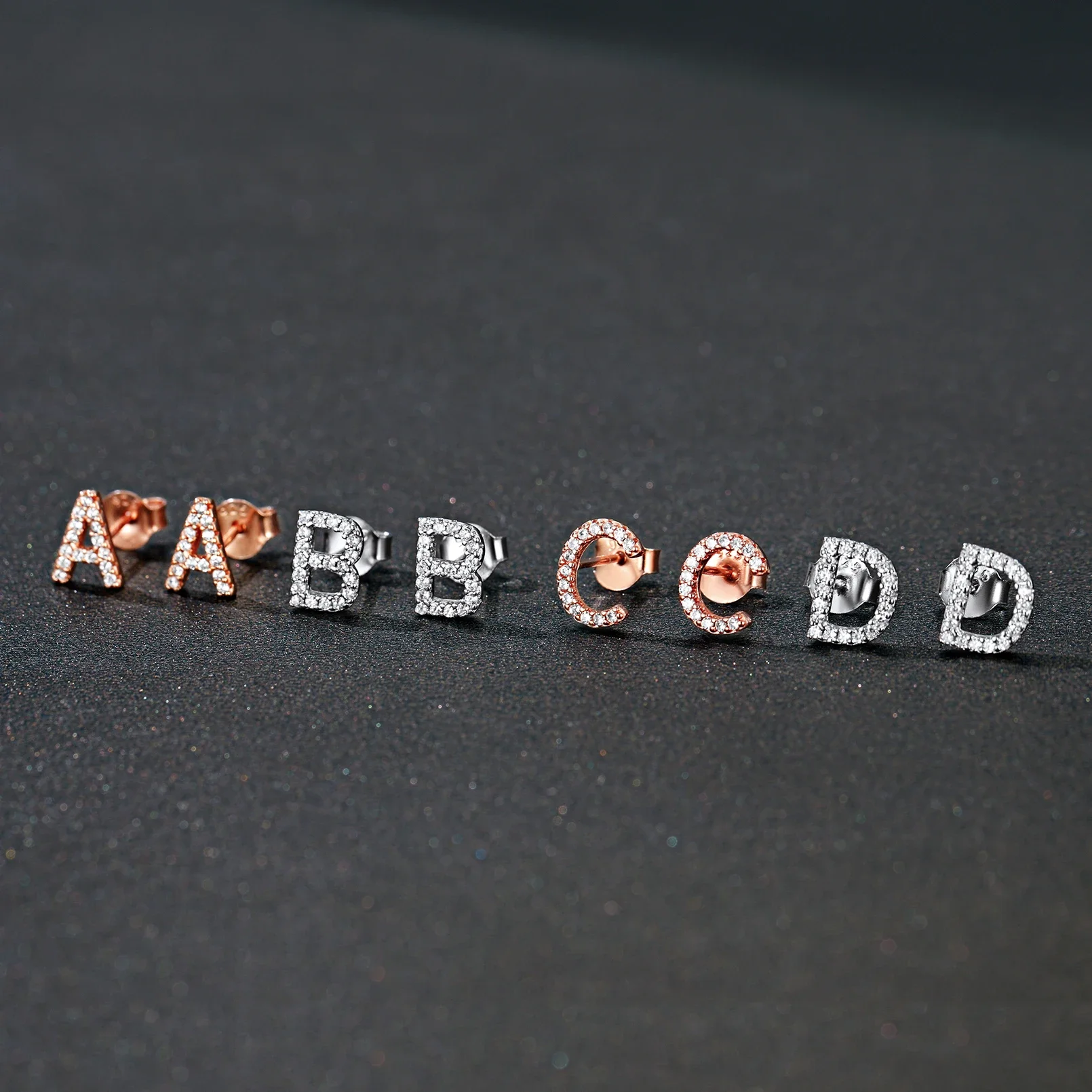 Initial Letters Stud Earrings for Women Rose Gold Color 925 Silver White Cubic Zirconia Pave Setting Daily Jewelry