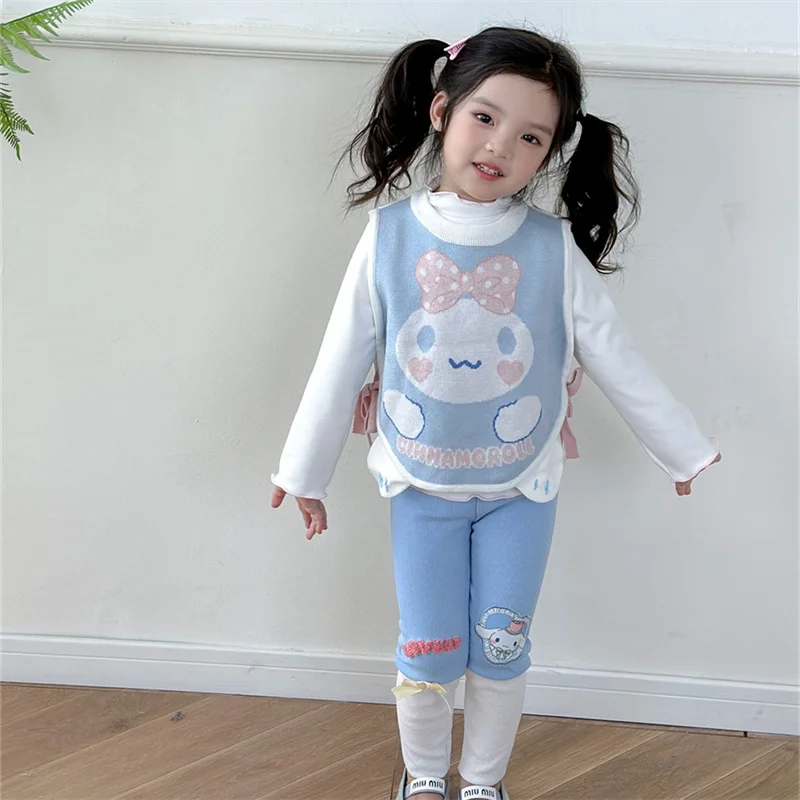 

Sanrios Kids Vest Wave Collar Girls Bottoming Shirt Cinnamoroll My Melody Kuromi Fun Three-Dimensional Blouse Knitted Leggings