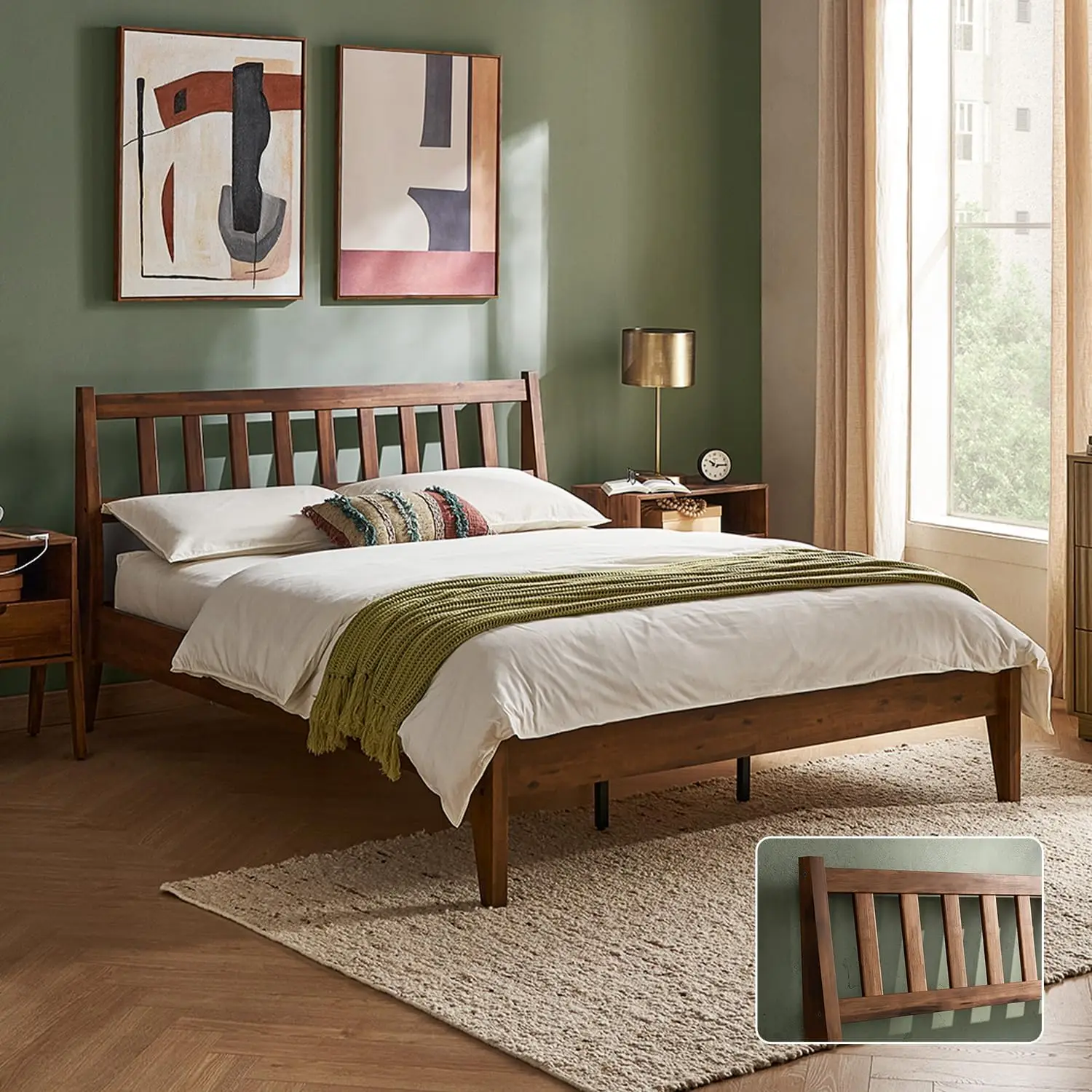 Bed Frame Headboard Mid Century Modern Acacia Solid Wood Platform Bed Frame Wooden Slats No Box Spring Needed