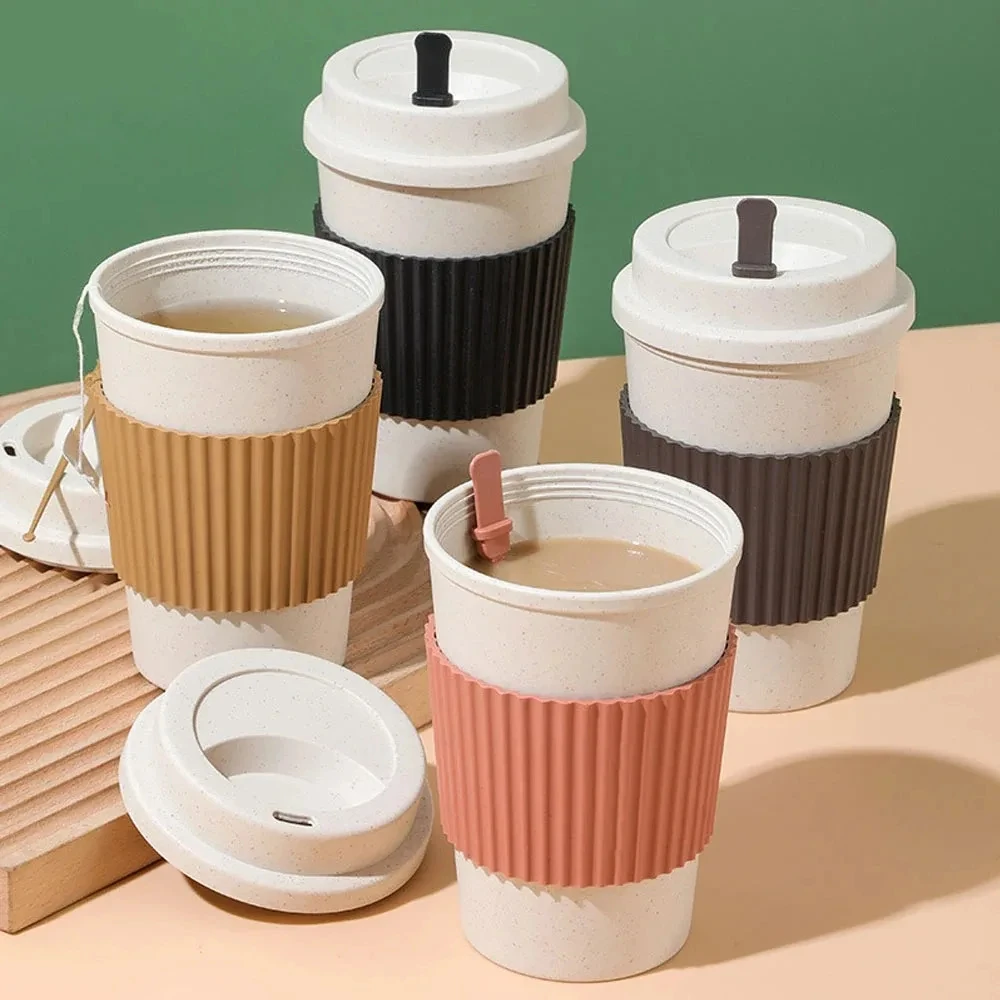 Eco-Friendly Reusable 450ML Wheat Straw Coffee Cup with Lid - Portable & Dishwasher Safe Travel Mug