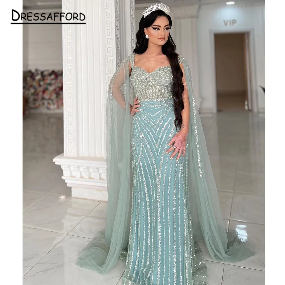 

Dubai Mermaid Elegant Cape Sleeves Sexy Evening Dresses Gowns 2023 Luxury Beaded For Women Party