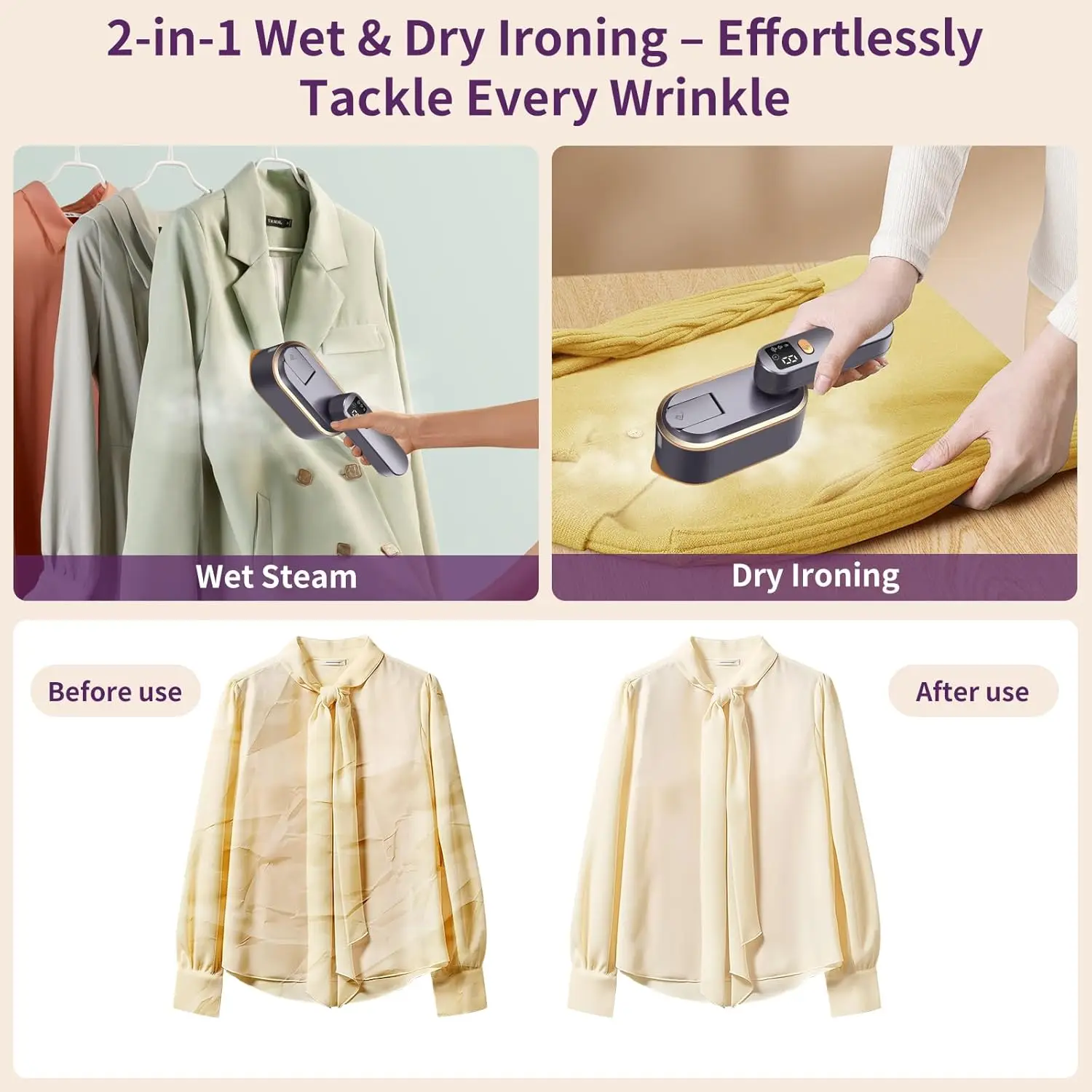 Portable Clothes Steam Iron 180° Rotatable Handle 3 Levels Handheld Garment Steamer 1200W Fast Heating 150ml Tank for Travel 3