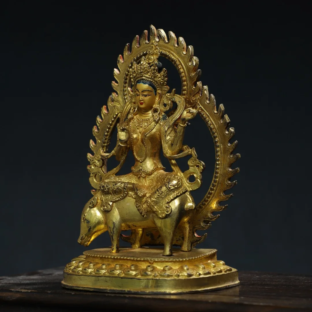 

9"Tibetan Temple Collection Old Bronze Gilded Painted Face Marici Buddha Moritz sky Backlight Worship Hall Town house