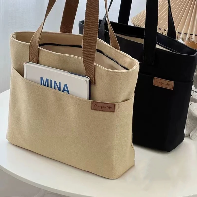 Leinwand Einkaufstasche Für Frauen 2 schicht Lagerung Tasche Große Kapazität Student Pendeln Tragetasche Tragbare Schulter Handtaschen Einkaufstasche – Detail 8