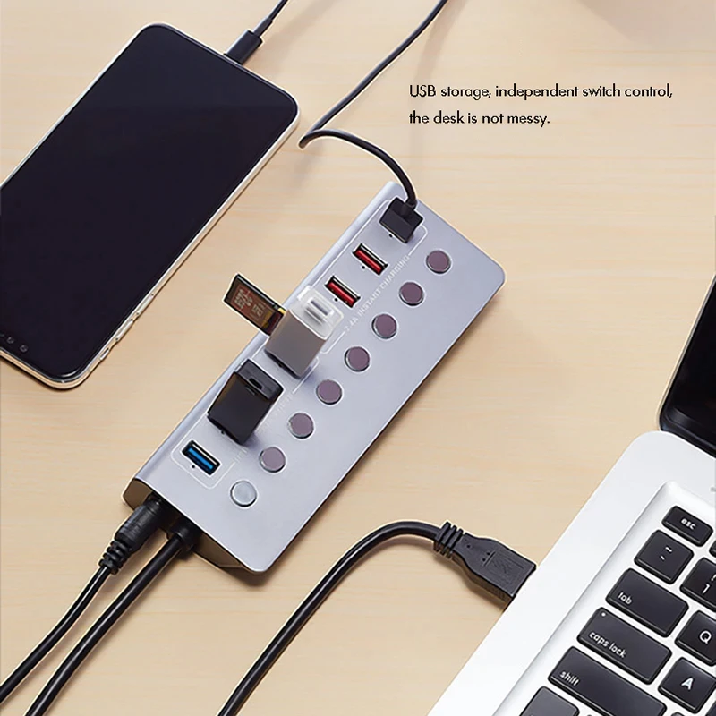Powered Usb Hub 3.0 8-port Splitter Uma Porta de Carregamento Inteligente Individual on Off Switches 5v 3a Adaptador de Alimentação de Extensão - Imagem 6
