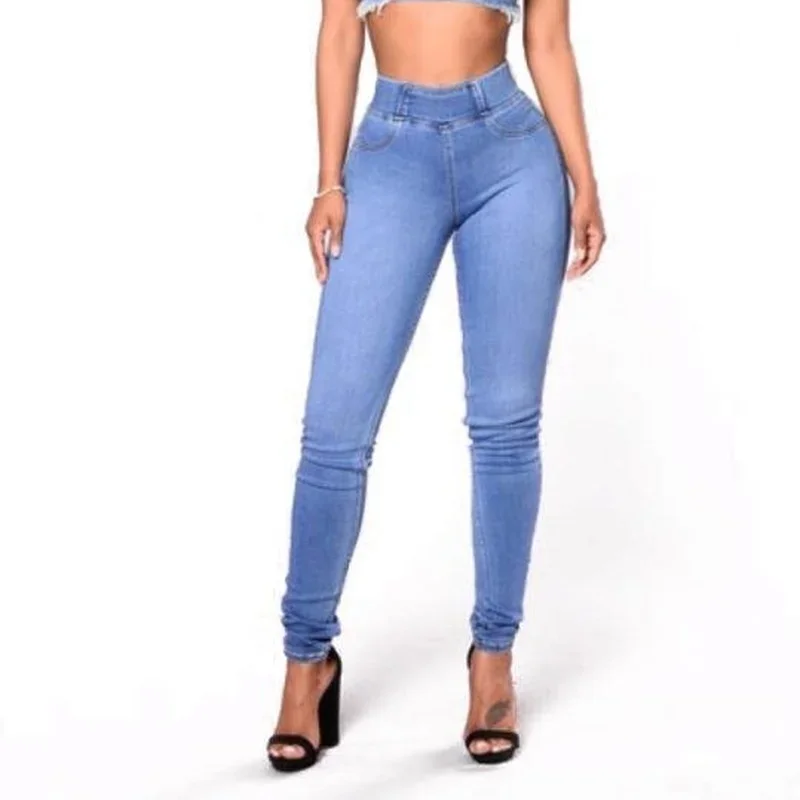 2021 Women's New Rubber Band Waist Tight Jeans High Waist Trousers Jeans Y2k Casual Blue Pencil Pants High Waist Jeans Indie