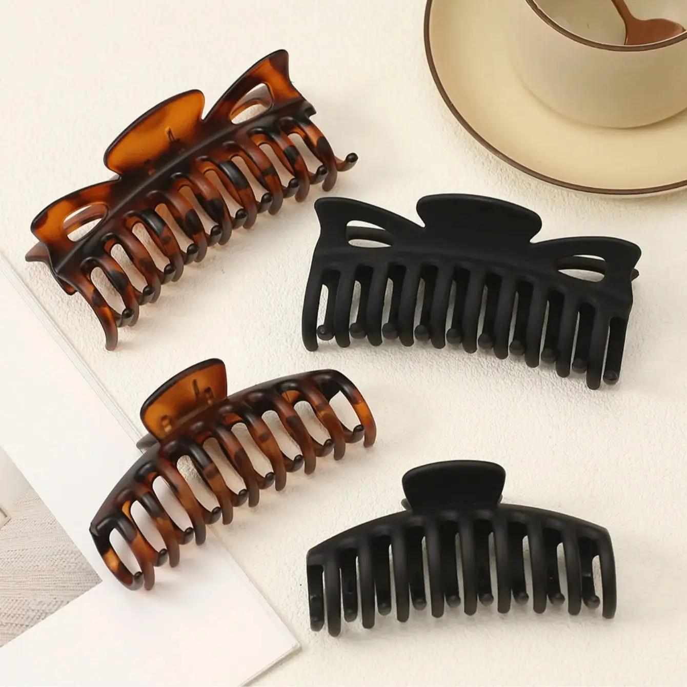 2 Pcs Tortoise Shell Hair Claw Clips,Large HairClamps, Black Brown Hair Accessories, Stylish Updo Hair Decor