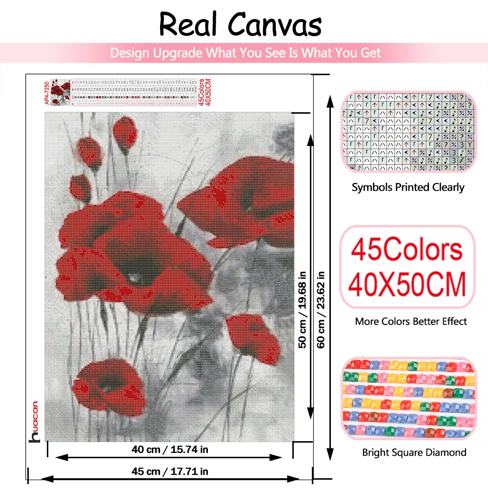 Huacan 5d ptura diamante fai da te mosaico rosso papavero fiore decorazioni per la casa ricamo punto croce floreale adesivo da parete quadrato/rotondo  15