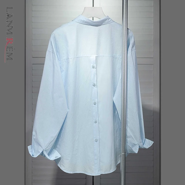 LANMREM Designed Back Split Long Sleeve Blue Women's Shirt Chic New Loose Casual Blouse Autumn Trend Single Breasted Top 2DB4525