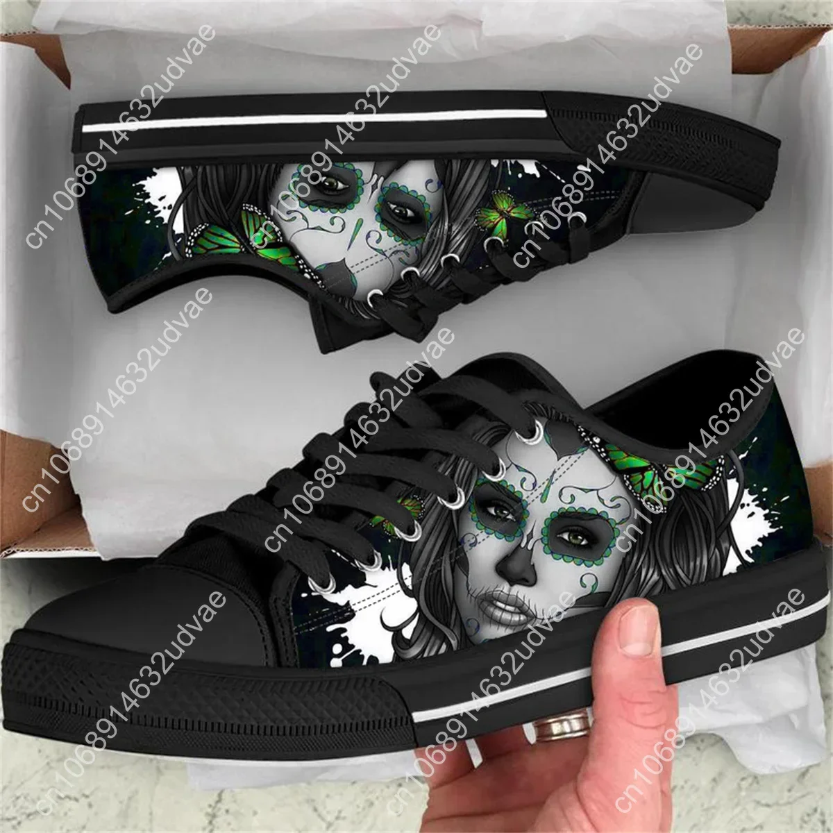 Breathable Women's Flat Sneakers Day Of The Dead Skull Girl Design Light Lace Up Vulcanized Shoes Versatile Casual Canvas Shoes