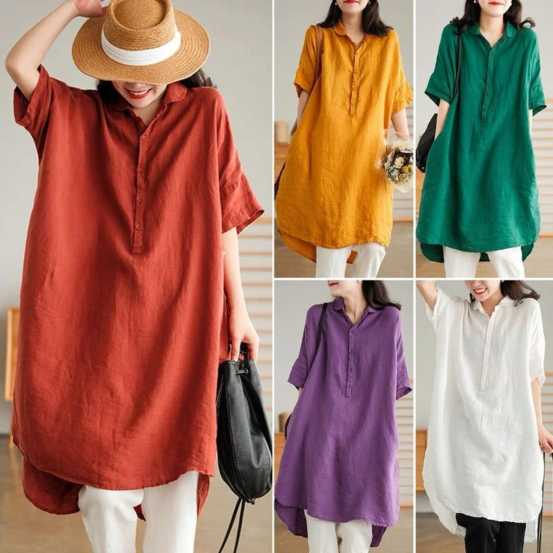 

Retro Literary Solid Color Linen Women's Dress 2022 Summer Loose Five-point Sleeves Single-breasted Lapel Ladies Harajuku Dress