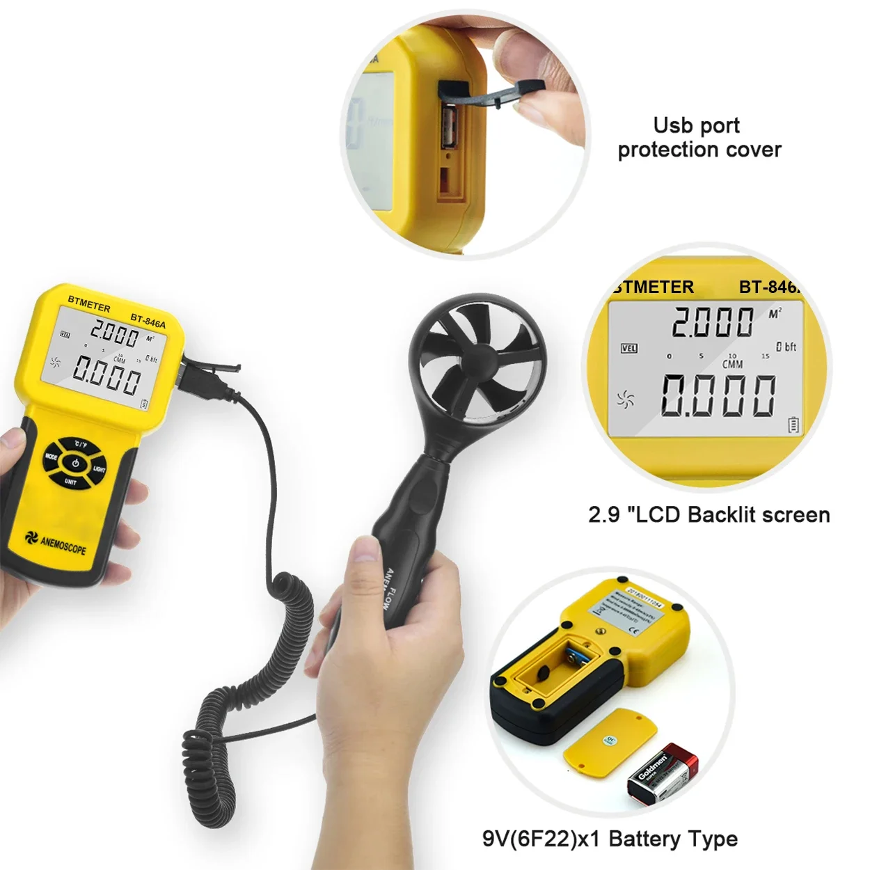 Фото Профессиональный Анемометр BTMETER 846A, измеритель скорости ветра, воздушного потока, воздушного потока, тестер температуры ветра CFM, расходомер воздуха с подсветкой №4