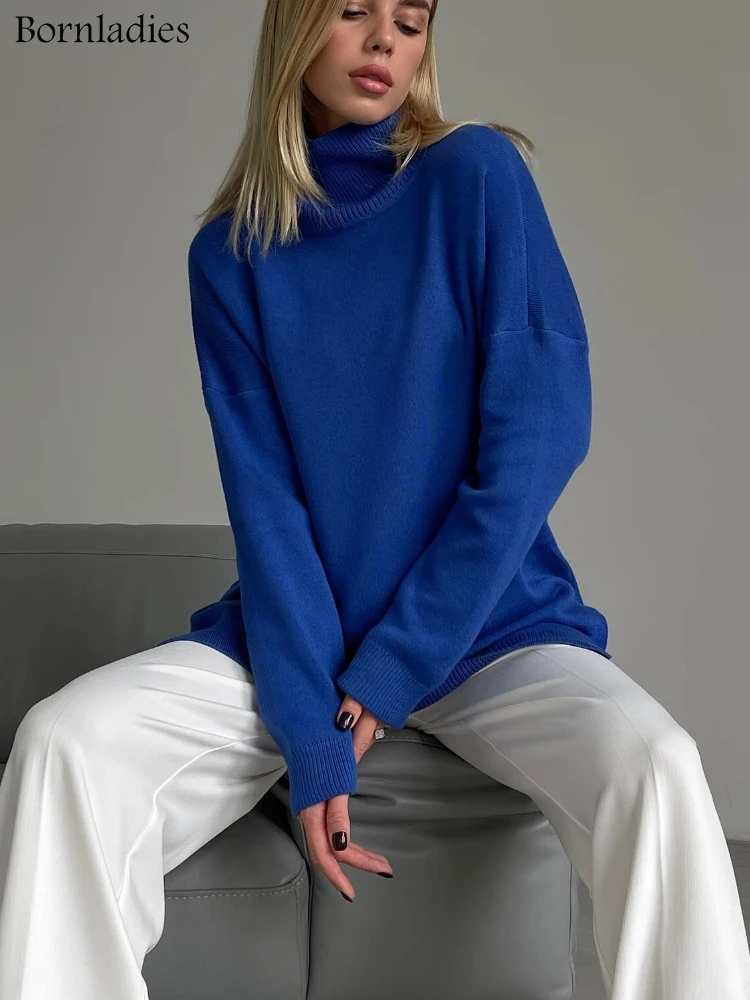 Bornladies  Green turtleneck sweater slit ladies 2025 autumn and winter warm, comfortable and fashionable knitted sweater