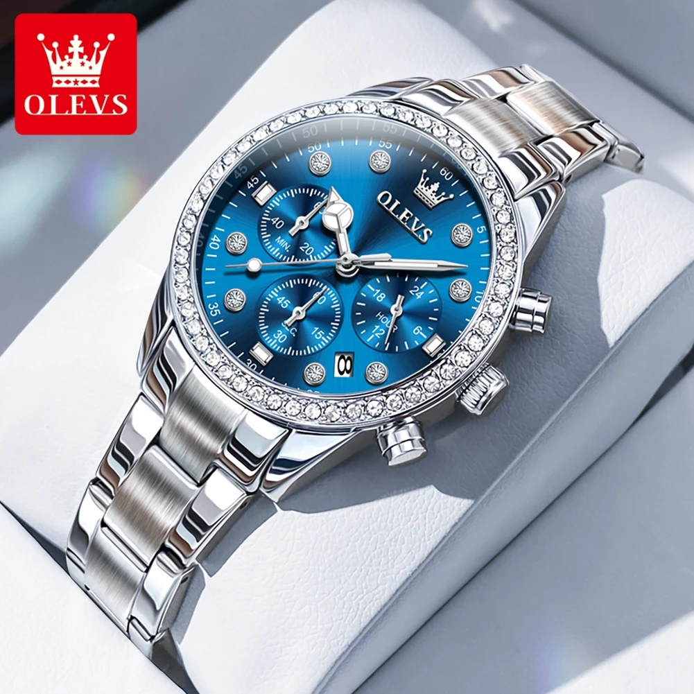 Olevs 9909 Orologio Da Donna Multifunzionale Con Cronografo In Scala Di Diamanti Data Orologio Luminoso In Acciaio Inossidabile Impermeabile Per Donna