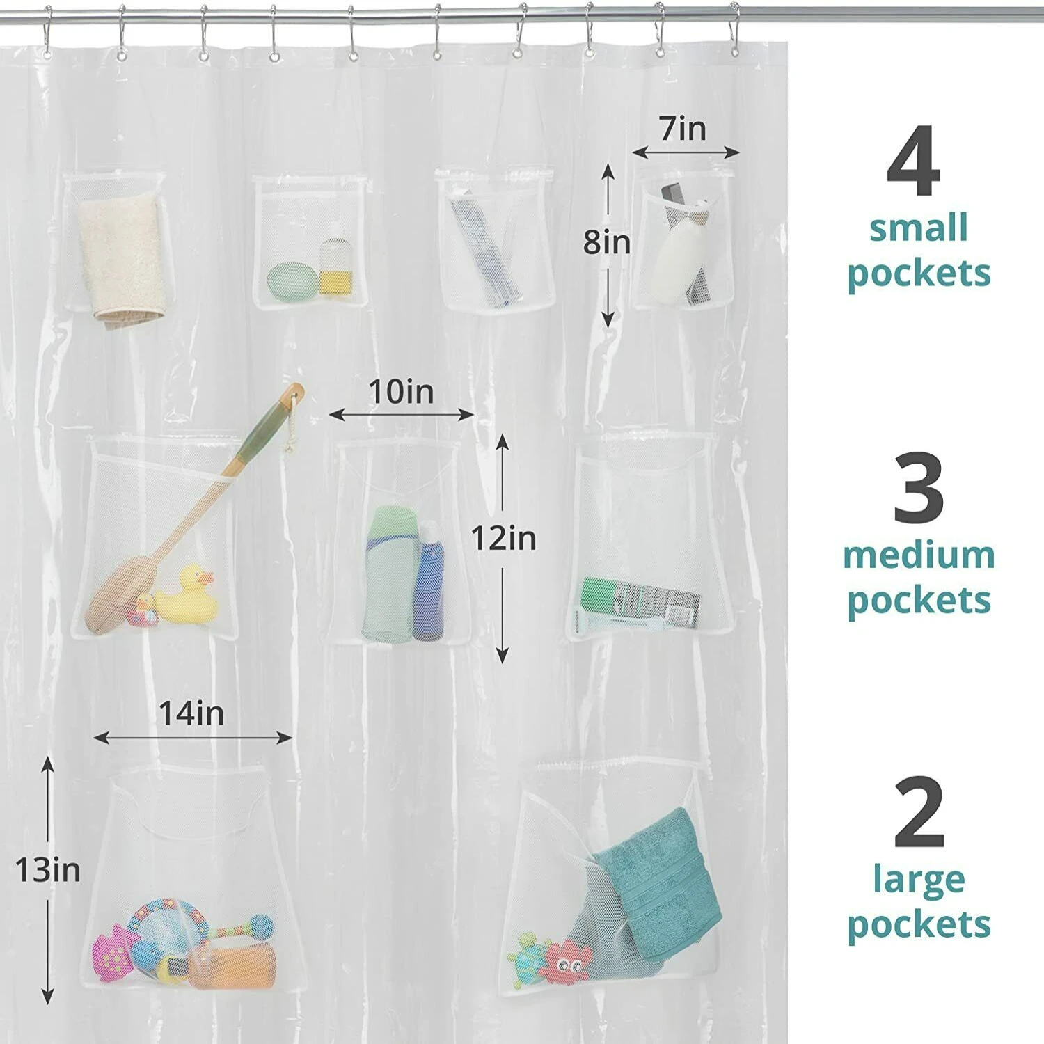 Effortless organization with stylish mesh pockets and convenient shower caddy for a clean and dry bathroom. Sturdy, high-quality