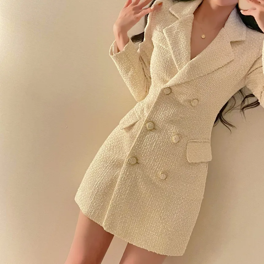 Autumn Winter Elegant Tweed Blazer Dress Double Breasted Slim Short Dresses for Women Korean Fashion Office Lady Coat Dress New