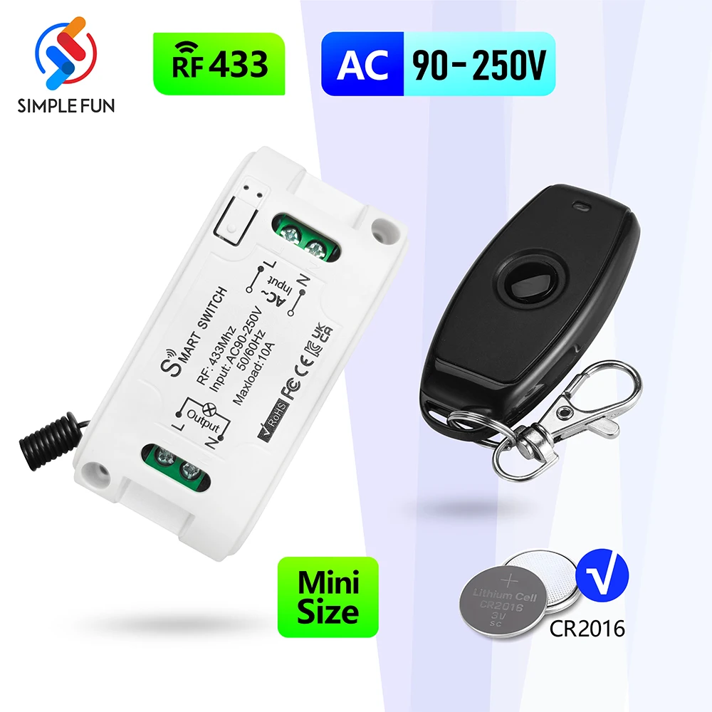 

RF Wireless Remote Control Light Switch AC 110V 220V 10A 433MHz Relay Receiver and Long Range Transmitter for Lamp Fan ON/OFF