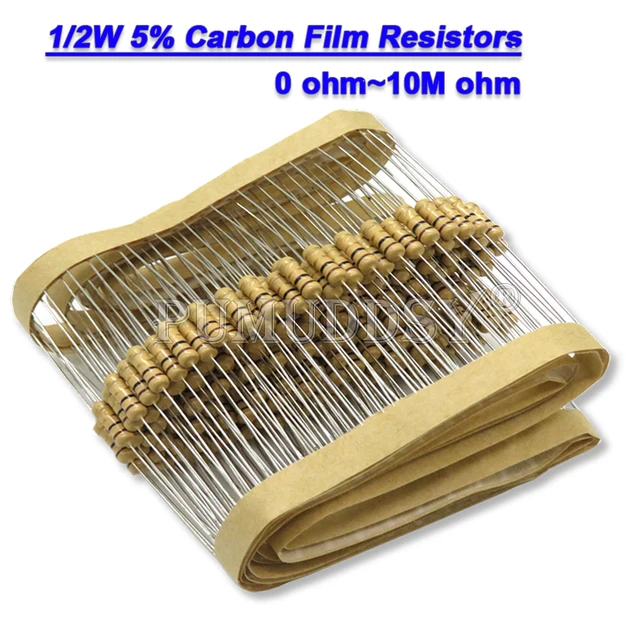 50PCS 1/2W Carbon Film Resistors 5% 1R-10M 1K 10K 4K7 100K 200K 560K 1M 3M3 Ohm Color Ring Resistance 10R 47R 100R 220R