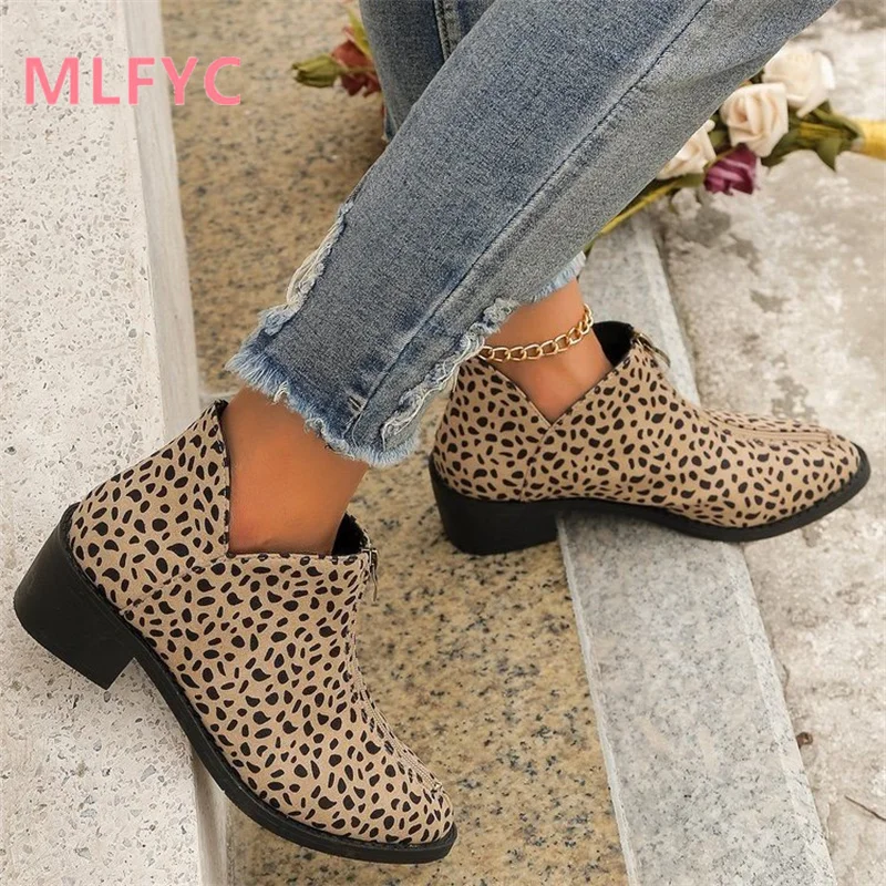 Autumn/Winter New Foreign Trade Women's Single Boot Large Leopard Print Front Zipper Square Heel Short Boots for Women