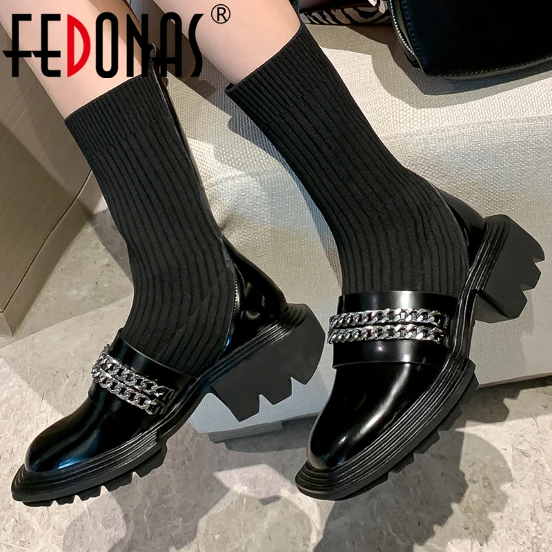 

FEDONAS Fashion Women Mid-Calf Boots Genuine Leather Knitting Casual Shoes Woman Autumn Winter Chain Thick Heels Socks Boots New