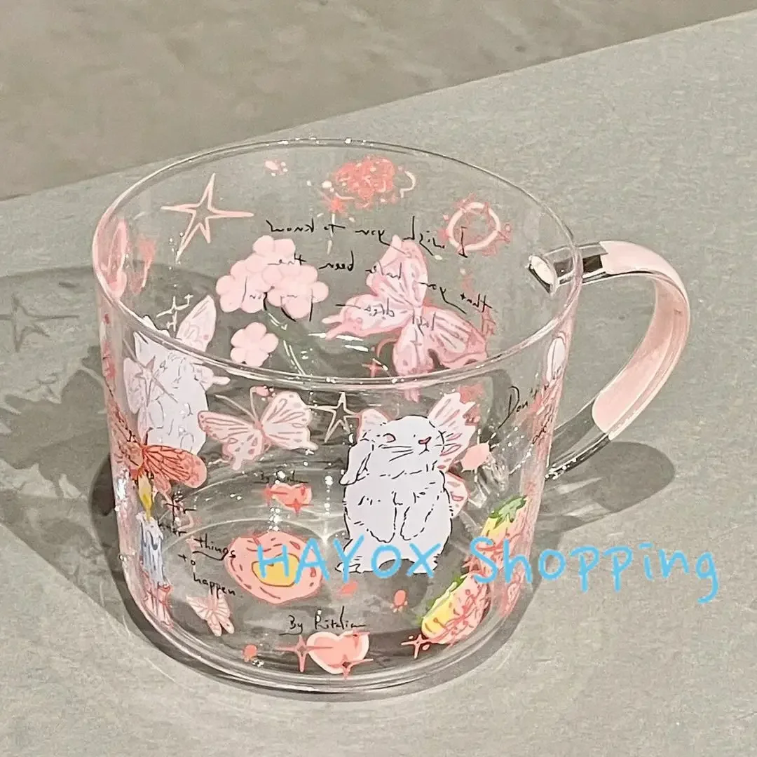 Cartoon Butterfly Rabbit Printing Glass Cup，Borosilicate Glass Heat-resistant Household，Breakfast Cup with Handle Drinking Mug