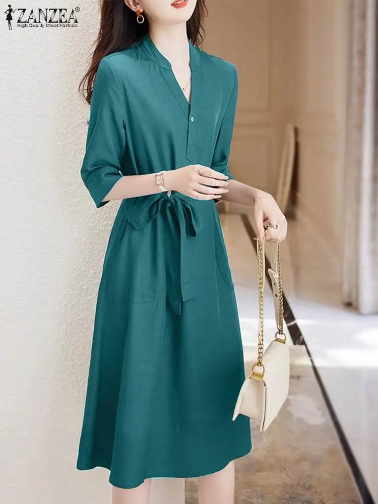 

2023 ZANZEA Woman Fashion Party Sundress Female Vintage OL Work Vestidos 3/4 Sleeve V-Neck Robe Elegant Belt Dress Oversized