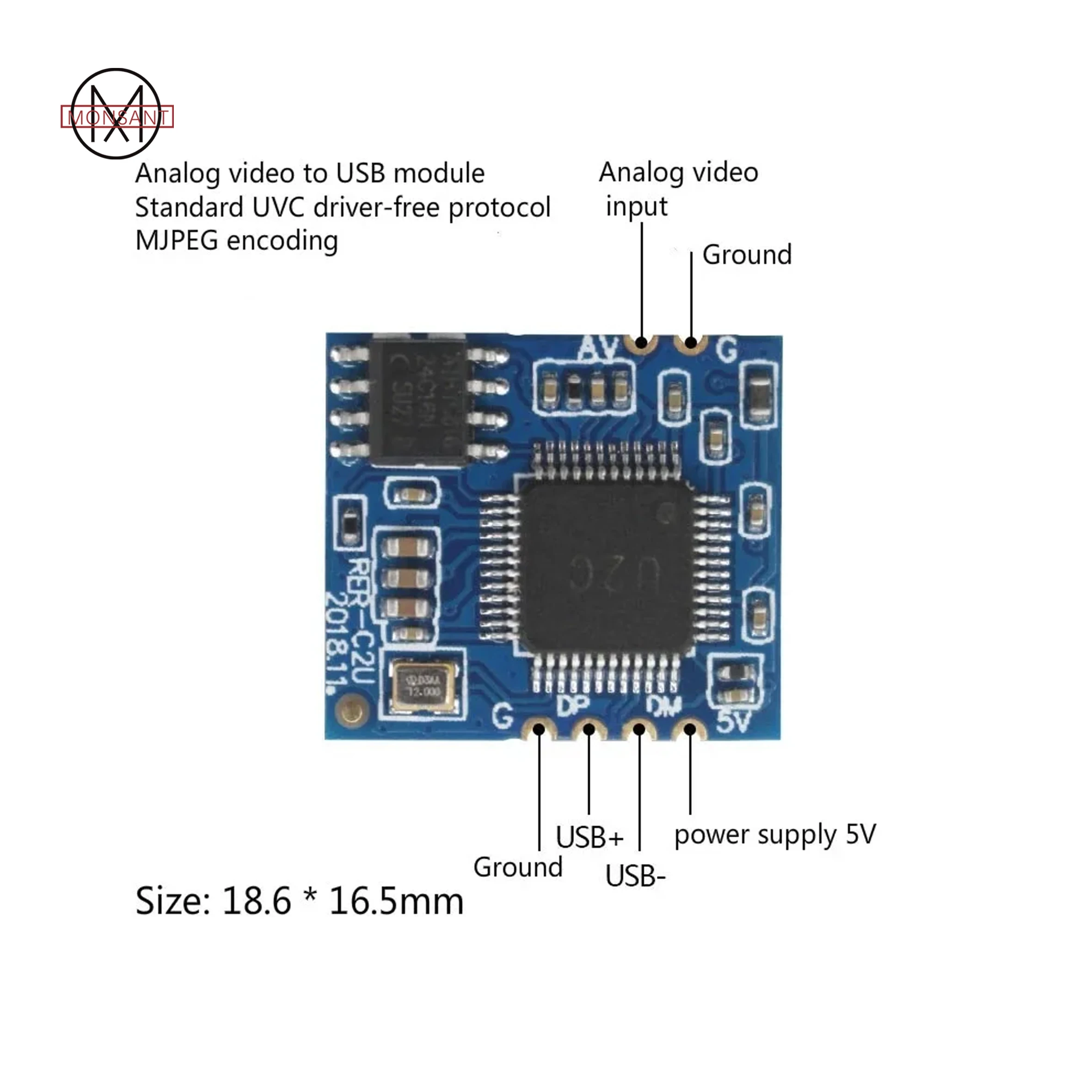 Analog av video to digital usb camera module cvbs to usb chip uvc