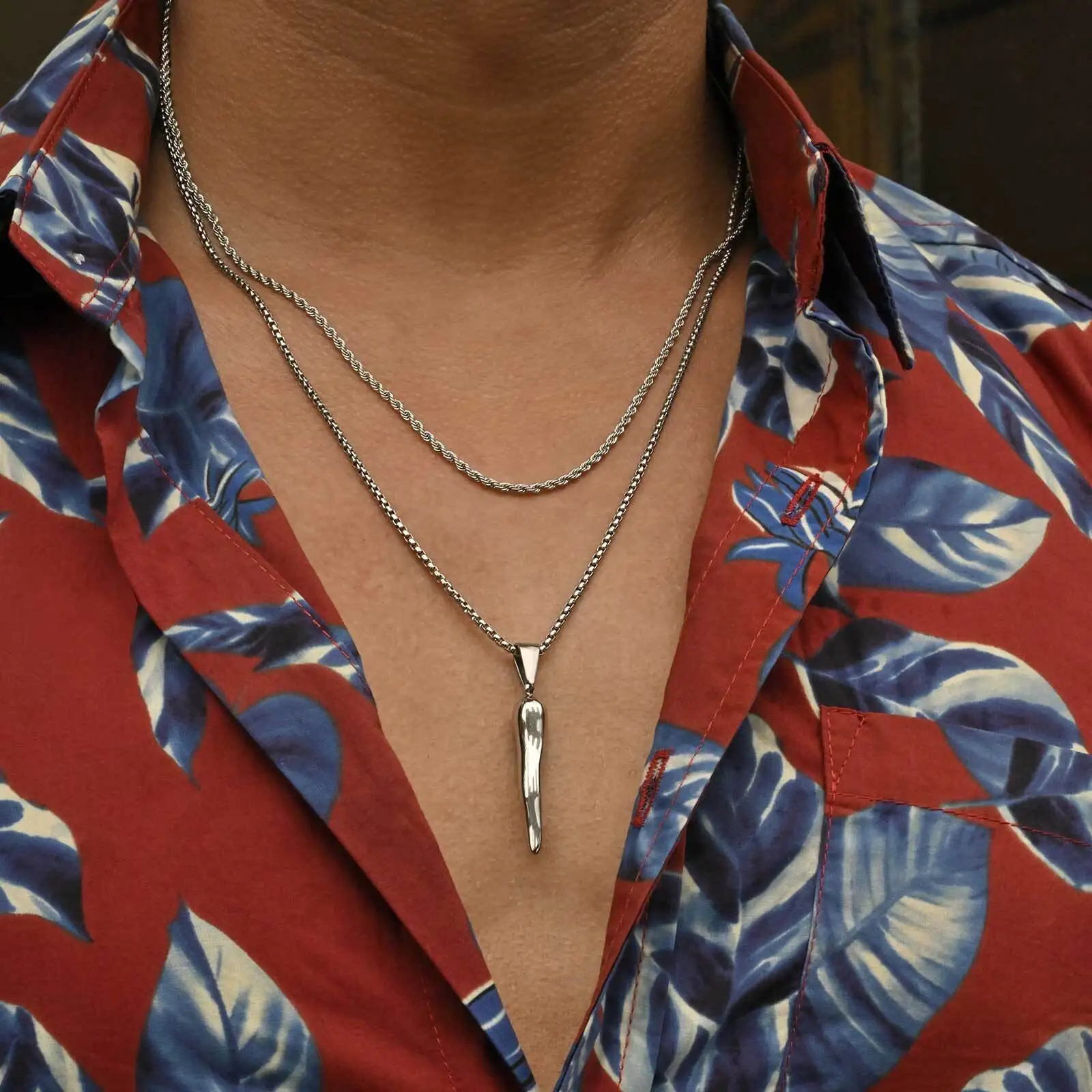 Stacked Italian Horn Necklace for Men Boys,Stainless Steel Chili Pendant Necklaces,Stylish Classic Jewelry Gifts