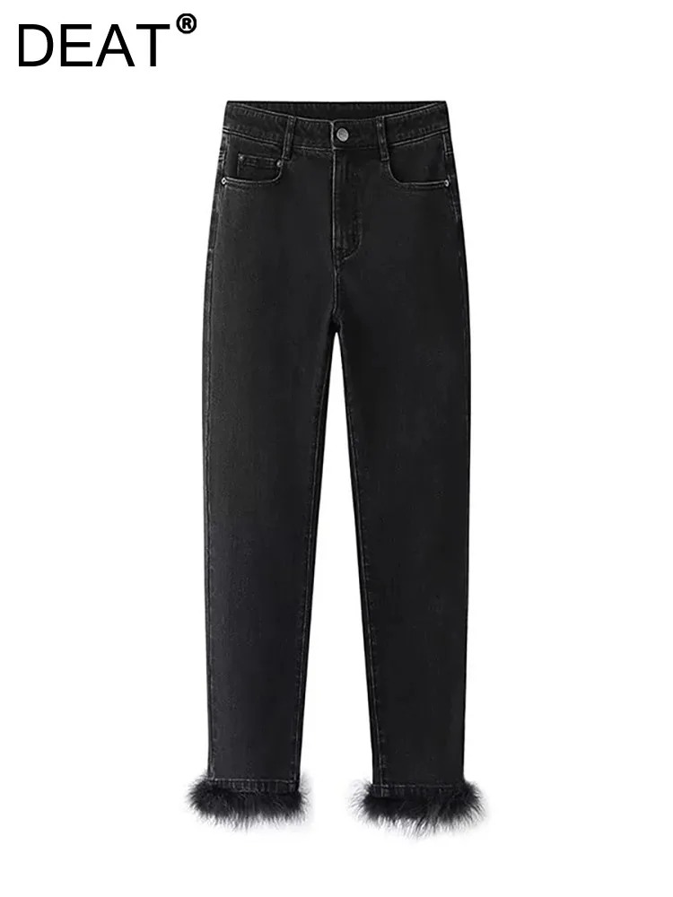 

Женские джинсы в стиле пэчворк DEAT, узкие черные прямые широкие джинсовые брюки с высокой талией и перьями, весна 2024