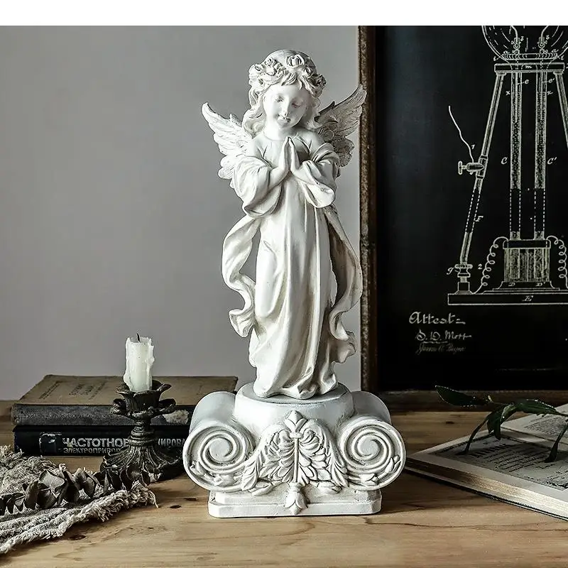 

European Retro White Resin Angel Statue with Base Plaster Crafts Ornaments Coffee Table Desk Decoration Rustic Home Decor