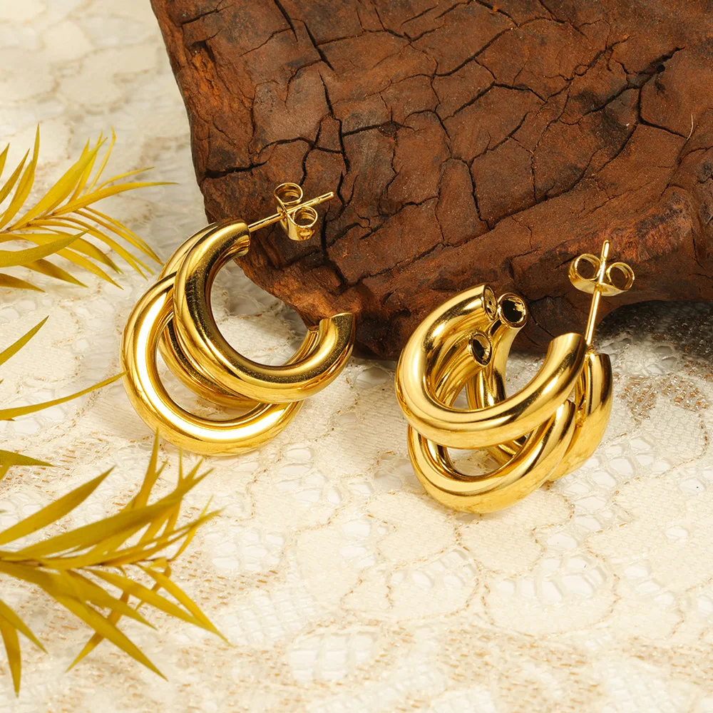 CARLIDANA Large Triple Layer C-Shaped Women Earrings Stainless Steel Gold-Plated Metalized Texture Geometric Thick Hoop Earrings 2