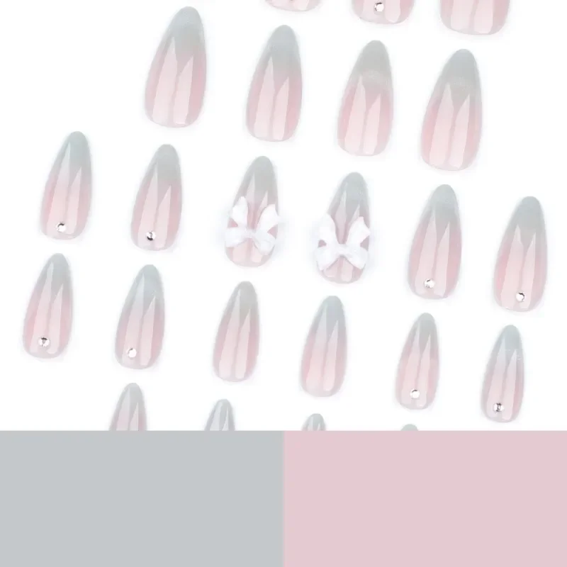 Fake Nails French Nails False Nails 24pcs Sweet Cat's Eye Almond Press-On Nails 3D Bow and Rhinestone Embellishments Full Coverage for Women