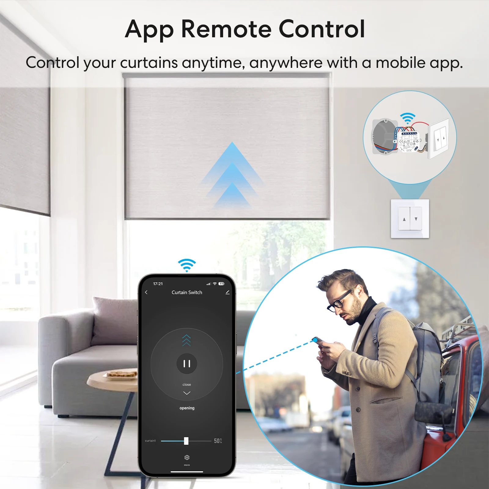 LoraTap Wifi Smart jaloezie-schakelaar met RF afstandsbediening/rolluiktimer, schakelaar voor rolluikmotor, compatibel met Google Home/Smart Life App LoraTap Wifi Smart jaloezie-schakelaar met RF afstandsbediening/rolluiktimer, schakelaar voor rolluikmotor, compatibel met Google Home/Smart Life App